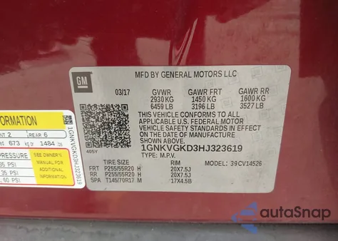 2017 Chevrolet Traverse 1Lt из США, поврежденный, VIN 1GNKVGKD3HJ323619